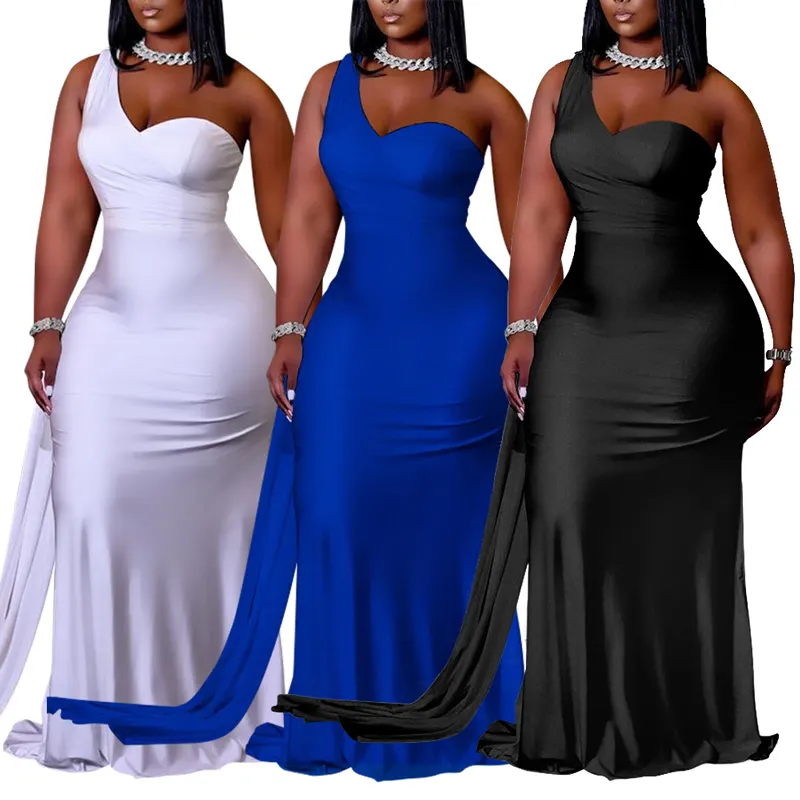 1632 Women's Clothing Sleeveless One Shoulder Plain Color Plus Size Casual Evening Dresses