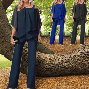 Bat Sleeve Solid Chiffon Anti-Pilling Top Trousers <b>Women</b> Casual Shoulder Party <b>Suit</b> Elegant Two <b>Piece</b> Set 2025 Spring Summer - Product Image 2