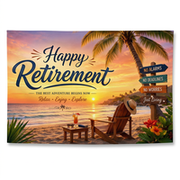 Drapeau décoratif personnalisé en polyester pour la célébration de la retraite, motif tropical coucher de soleil au bord de la mer et chaise de plage
