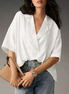 Blusa de Verano para Mujer, Transpirable, de Poliéster, Cuello en V, Manga Corta, Color Sólido, Corte Holgado, Informal, para Oficina - Product Image 6