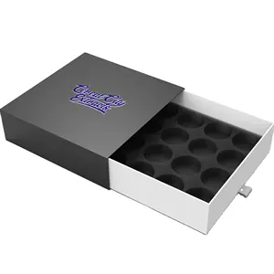 Boîte-cadeau d'emballage en papier bougie de style tiroir de luxe imprimé de logo personnalisé noir avec insert en mousse et ruban