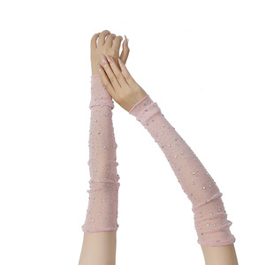<span class=keywords><strong>Gants</strong></span> <span class=keywords><strong>longs</strong></span> sans doigts noirs en strass pour femmes, chauffe-bras en maille transparente, accessoire de clubwear orné de diamants étincelants - Product Image 6
