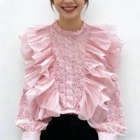 Chemisier rose à volants en dentelle pour femme - Haut à manches longues superposé en tulle transparent