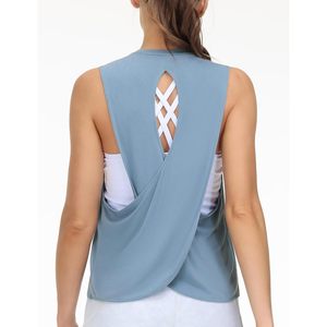 Women's Open Cross <b>Back</b> Workout Tank <b>Top</b> Loose Fit Sleeveless Yoga Running Shirt Breathable Spandex Polyester - Product Image 4
