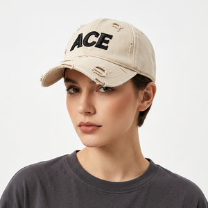 หมวกแก๊ปทรงแด๊ดวินเทจผ้าฝ้ายฟอกแบบดิสเทรส ปักโลโก้ ACE แบบ 3 มิติ  ตกแต่งรอยขาด  หมวกเบสบอลสไตล์สตรีทแวร์  แบบยูนิเซ็กซ์  ทรงซอฟท์ท็อป - Product Image 1