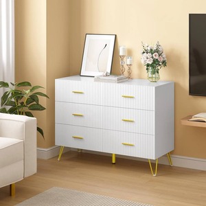 Commode à tiroirs en bois rainuré blanc moderne de qualité supérieure, grade E1, avec 6 grands tiroirs et pieds en métal - Product Image 1