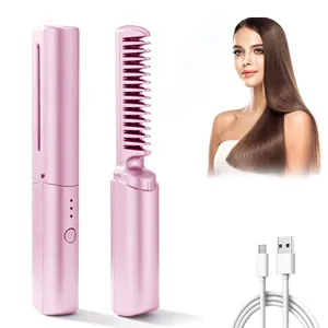 Portable Usb Rechargeable Fast Heating Hot Comb Cordless Electric Hair Straightener Brush Wireless Electric Hot Comb Brush