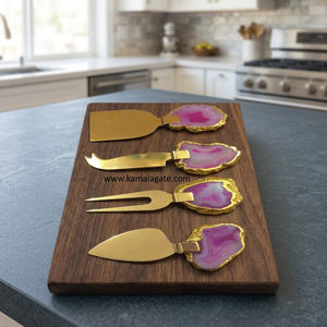 Lot de 6 couverts en onyx rose et agate, faits à la main, plaqués cristal, sculptés, forme irrégulière, pour la maison et la table, semi-précieux - Product Image 5