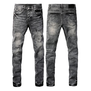 Jeans da <span class=keywords><strong>Uomo</strong></span> Stile Urbano 100% <span class=keywords><strong>Cotone</strong></span> all'Ingrosso Vestibilità <span class=keywords><strong>Slim</strong></span> Dritta Viola Vita Media Traspiranti Strappati Effetto Consumato con Bottoni - Product Image 3