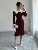 Robe midi en maille pour femme, hiver, col contrastant à volants, boutonnée sur le devant, manches longues, coupe ajustée, ourlet sirène côtelé, fabrication OEM ODM sur mesure