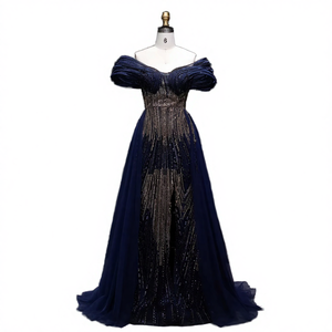 Robe de soirée longue en mousseline de soie à volants, style A, ornée de perles de luxe, col cœur élégant, pour femmes, pour les fêtes et les bals - Product Image 3