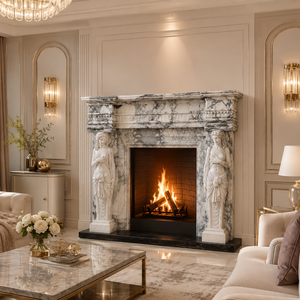 Chimenea Tradicional de Mármol con Tallado Ornamental, Piedra Arabescato Corchia, Chimenea Interior de Leña para Comedor - Product Image 1