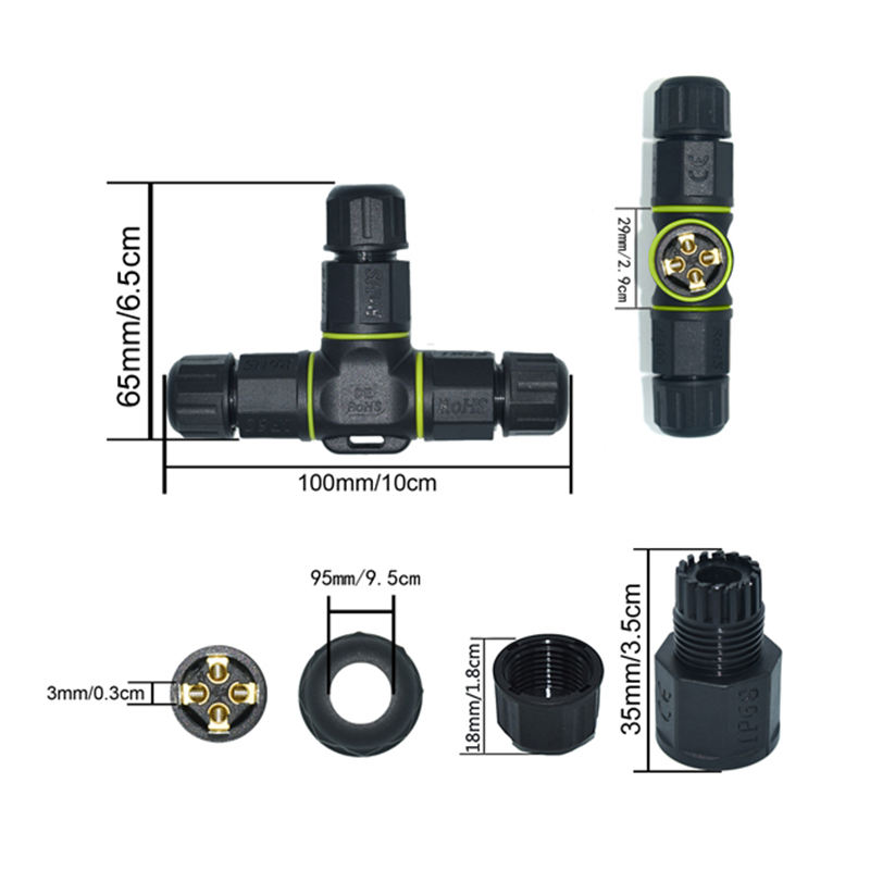 IP68 4-Pin T-Connector Quick Connect Waterproof Splice Adapter dimension drawing