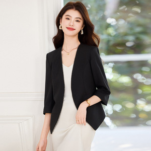 Women's Blazer Black 3/4 Sleeve Lightweight Breathable Solid Color Suit Top Elegant Office Wear - Product Image 1