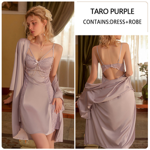 Nouvelle tenue de nuit tendance avec chaîne de perles, coussinets de poitrine amovibles, dentelle, soie et satin, ensemble chemise de nuit et peignoir - Product Image 6
