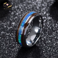 Alliance de mariage en carbure de tungstène noir argenté de 8 mm, sertissage invisible, incrustation en bois de koa, opale bleue, tendance, bagues de fiançailles pour hommes et femmes