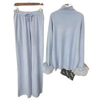 Ensemble pull et pantalon large décontracté pour femme DY954, pull en laine confortable, poignets en fourrure de renard véritable, pull à col roulé en tricot pour l'automne