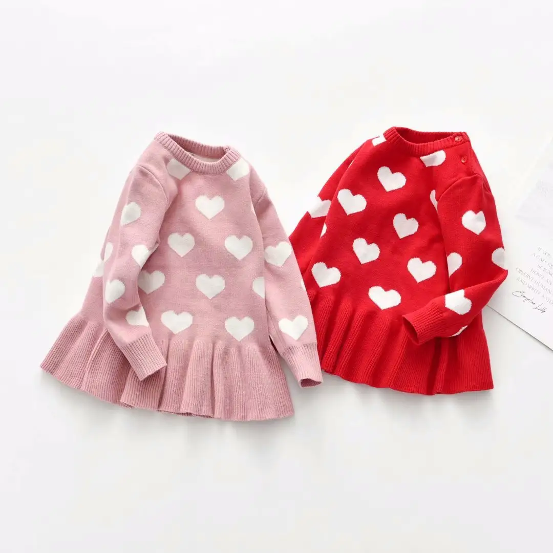 2024 San Valentín rojo rosa amor corazón patrón niño bebé niña suéter vestidos San Valentín lana tejido niños suéter vestido plisado