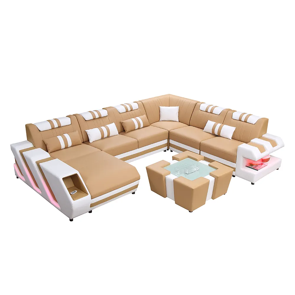 Sofa Lampu Led Ruang Tamu Mebel Bentuk U Bagian Sofa Kulit dengan Meja Kopi