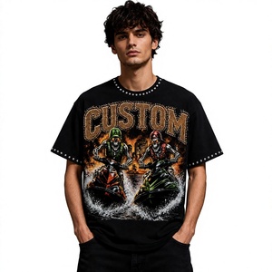 T-shirt graphique noir sur mesure coupe ample Y2K Streetwear Oversize en tissu épais avec imprimé squelette et jet ski, bordure en strass - Product Image 1