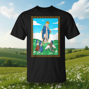 Camiseta con diseño religioso de la aparición de Nuestra Señora de Fátima, color negro, para hombres y mujeres - Product Image 3