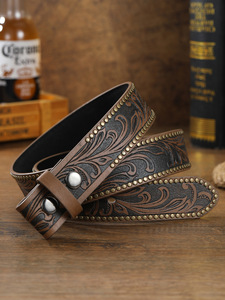 Sangle de <span class=keywords><strong>ceinture</strong></span> en cuir PU de style punk floral en relief occidental <span class=keywords><strong>sans</strong></span> <span class=keywords><strong>boucle</strong></span> Outillage fait à la main <span class=keywords><strong>Ceinture</strong></span> occidentale en cuir pour hommes - Product Image 3