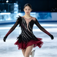 Robe de patinage artistique à manches longues en maille dégradée noir et rouge bordeaux, ornée de strass argentés et de plumes, dos ouvert, pour concours de danse sur glace