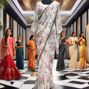 Sari en soie blanc élégant à imprimé floral numérique avec bordure verte pour les occasions de mariage, sari traditionnel pour femmes, longueur au sol - Product Image 2