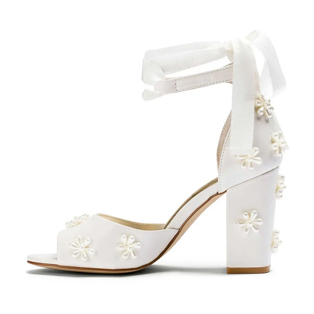 Elegant Women Sandals Open Toe Chunky Heel Ankle Lace Up Beautiful Flower High Heels White Wedding Shoes For A bride