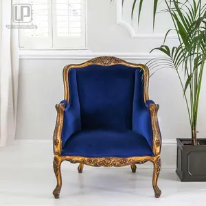 Klasik antika % 100% el oyma altın yaprak kol sandalye kraliyet mavi kadife kumaş döşeme kanepe sandalye oturma odası için