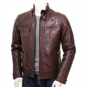 Chaqueta de Cuero Marrón Auténtico para Hombre, Corte Ajustado, Estilo Motero, Cafe Racer, de Piel Vacuna, con Hombros Acolchados, Vintage, Clásica y Personalizada - Product Image 1