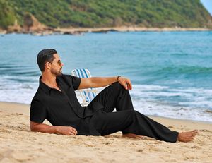 Conjuntos de 2 Piezas Casuales <span class=keywords><strong>y</strong></span> Transpirables para Hombre, Verano, Sólidos, 100% Fibra de Bambú, <span class=keywords><strong>Camisa</strong></span> de Manga Corta con Botones, Pantalones Holgados, Conjuntos para Vacaciones en la Playa - Product Image 3