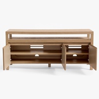 Lemari Bufet Samping Kayu Oak Modern dengan Lapisan Kayu Alami, Rak Terbuka & 3 Pintu, Konsol Media dengan Lubang Kabel