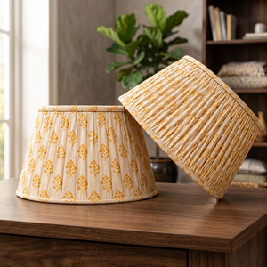 Abat-jour en lin imprimé avec motif floral d'arbre |   Abat-jour en tissu jaune crème et moutarde |   Abat-jour plissé pour table, sol - Product Image 2