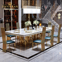 Table à manger moderne de luxe en marbre imperméable, avec pieds en acier inoxydable doré, 6 chaises, mobilier de restaurant