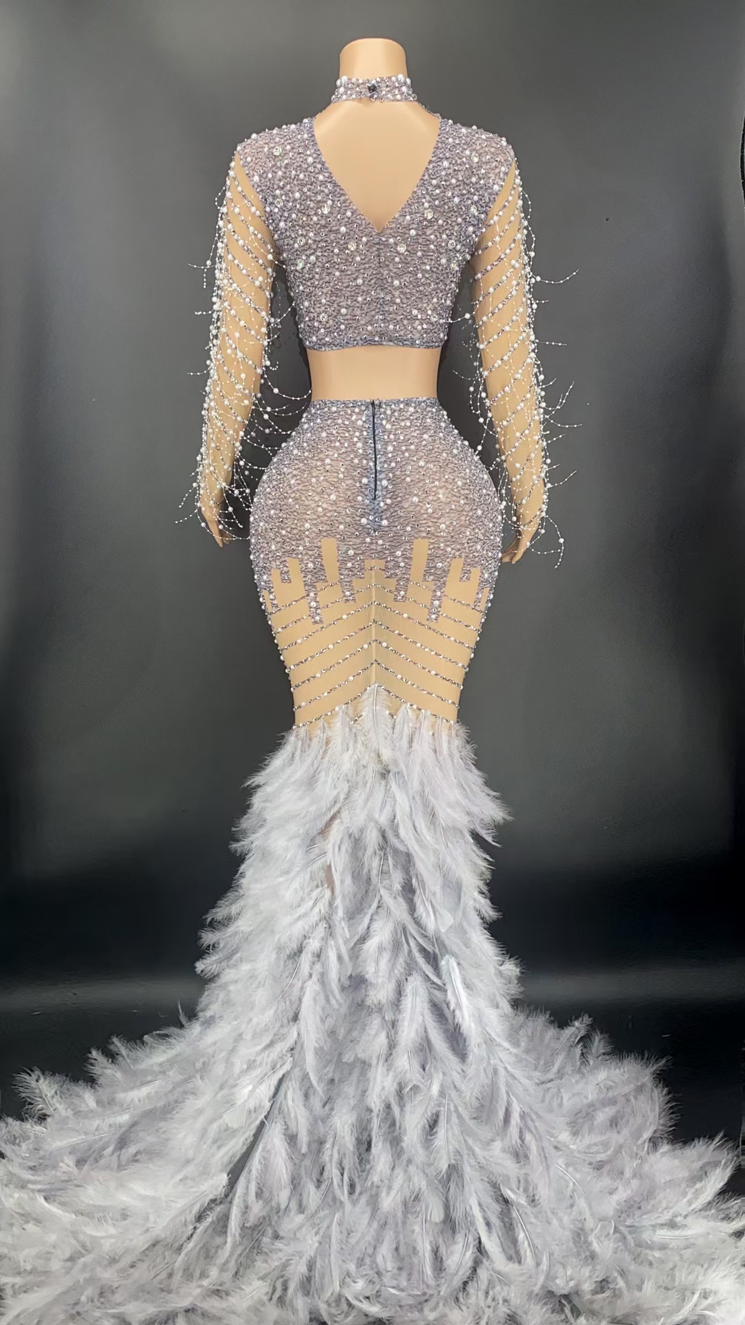 knee length dresses for ladies White Lace Feather Off-the-Shoulder Mermaid Long Prom Dress MD092608 –  Dressmeet main image 0
