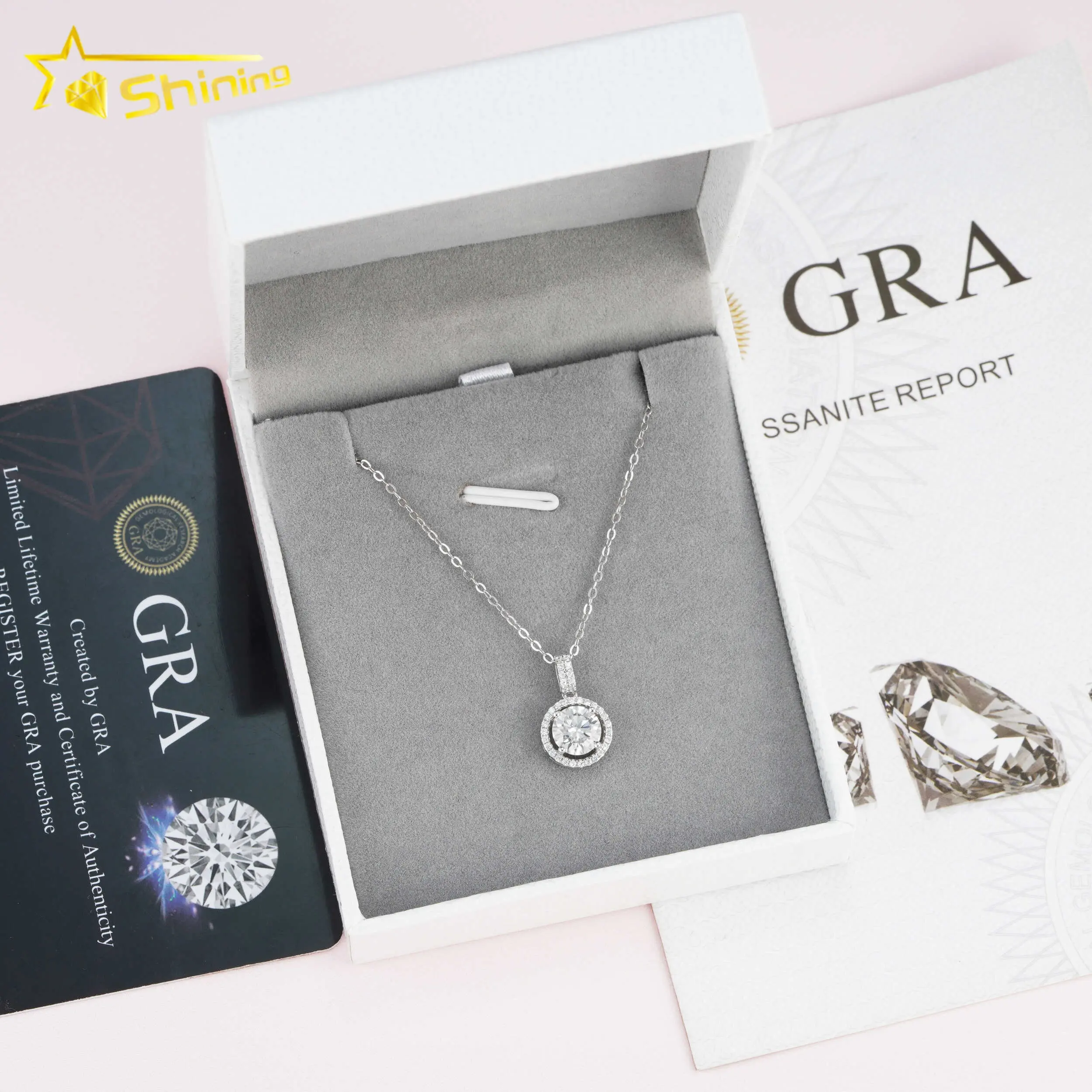Stok sıcak satış güzel takı hediye 6.5mm katı 925 ayar gümüş VVS Moissanite elmas tek taş kolye kolye kadınlar için