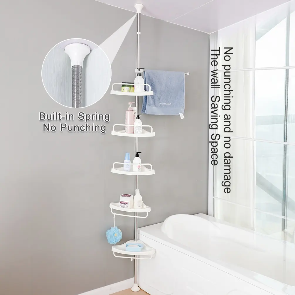 BAOYOUNI 5 Layers Shower Corner Rack Bathroom Caddy Stand Shelf Tension Rod Toiletries Organizer With Towel Bar 185~310cm