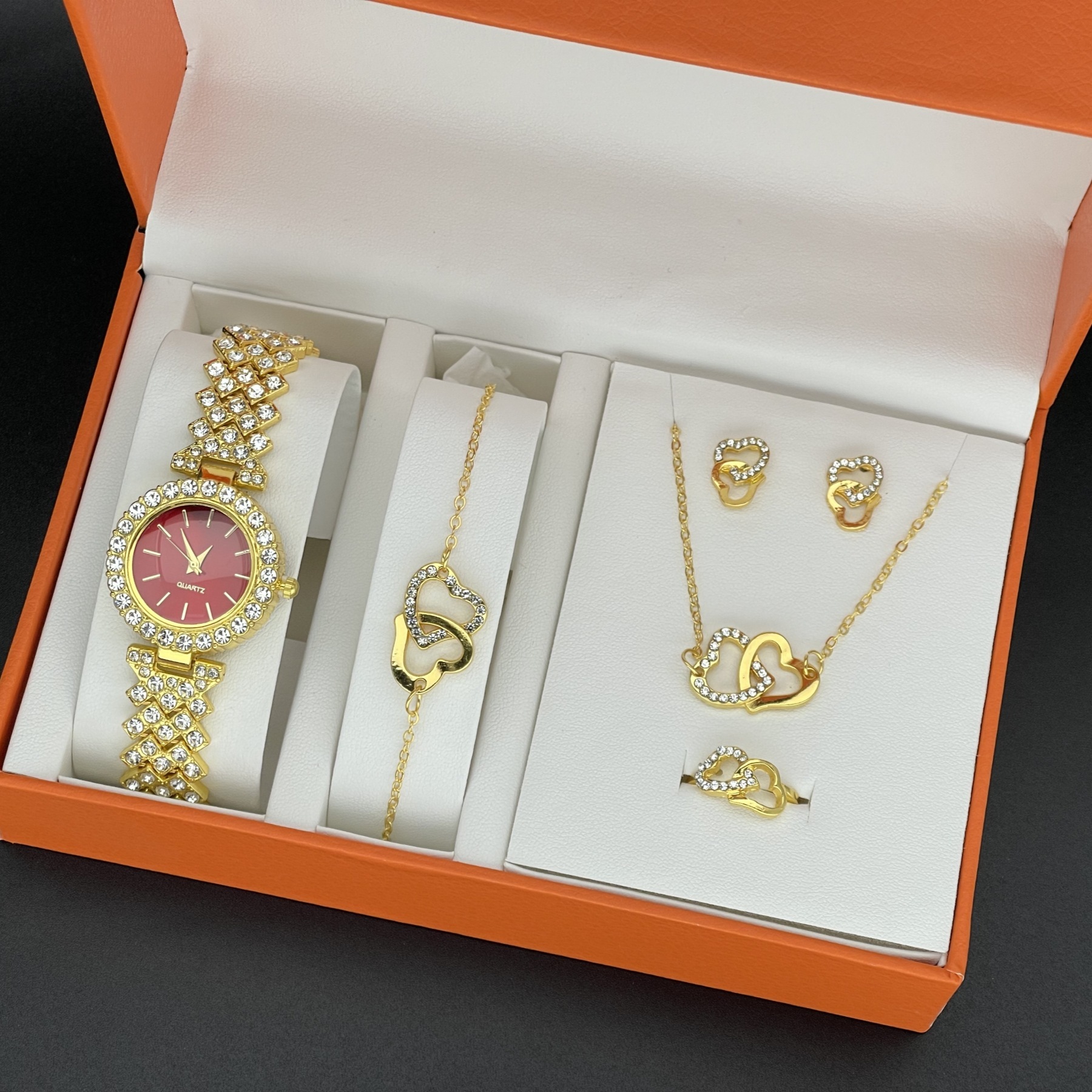 Parure Complète De Luxe Femme : Collier, Bracelet, Bague, Montre Et Boucles D'oreilles - Rose, Alliage - Neuf Avec étiquettes