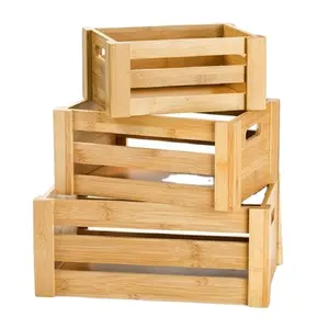 2023 Set of 3 Bamboo Nesting Crates with Handles Rustic Decorative Storage Container Box wooden craft box
