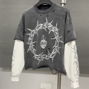 <span class=keywords><strong>T</strong></span>-<span class=keywords><strong>shirt</strong></span> Homme Ample Personnalisé à Sérigraphie, Coton Lavé 300 g/m², Style Streetwear Vintage Effet Délavé à l'Acide, Double Épaisseur, Manches Longues - Product Image 1