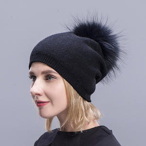 <span class=keywords><strong>Bonnet</strong></span> Slouchy d'hiver pour femmes Bonnets en cachemire avec <span class=keywords><strong>pompon</strong></span> en fourrure de renard - Product Image 1