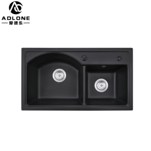 อ่างล้างจานคู่ทำจากหินแกรนิตสีดำพร้อมที่ระบายน้ำและก๊อกน้ำอ่างล้างมือในครัวแบบพรีเมี่ยม - Product Image 4