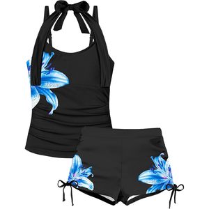 Maillot de bain deux pièces pour femmes, tankini à bretelles avec imprimé floral, short à cordon de serrage, UPF50+, Spandex/Polyester pour 7-18T - Product Image 1