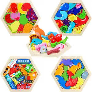 5er Pack Holz Sechseck Puzzle für Kinder, Form Muster Block Brain Teaser Puzzles, geometrische Tangram Puzzle 3D Logic IQ Spiel