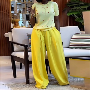 Nouveauté : Ensemble Femme Estival Chic et Tendance – <span class=keywords><strong>Haut</strong></span> à Manches Courtes Col Rond Motif Cœur avec Pantalon Large - Product Image 1