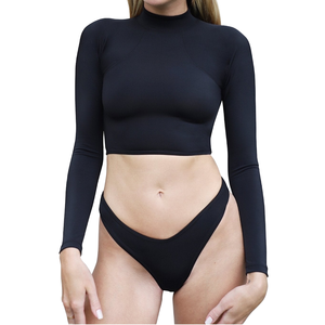 Conjunto de Bikini de Dos Piezas para Mujer, Top Corto de Manga Larga con Cuello Alto, Color Negro Sólido, Braguita de Tanga sin Costuras, Tejido Elástico - Product Image 1