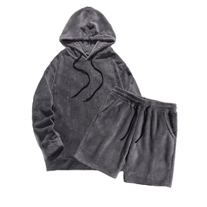 Mens Winter Grey <b>Knitted</b> Fleece Hoodie Short <b>Set</b> Ultra-Soft 100% Cotton Adjustable Drawstring Relaxed Fit Warm Comfortable - Product Image 1