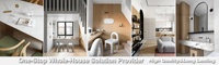 Ensemble de cuisine écologique de style japonais, armoires blanches brillantes, unité de base en MDF, placage de bois durable avec plan de travail en marbre
