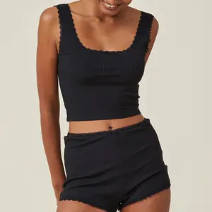 Women Casual Basic Sleeveless Cotton Ribbed Lace Tank Wholesale Ladies Vest Lace Trim Shorts Rib Modal 2 PCS Pajamas Set